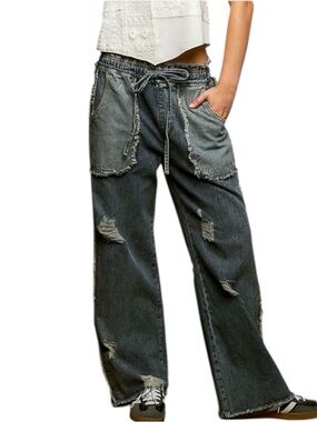 🆕 POL - Frayed Pocket - Distressed - Wide-Leg Jeans - Elastic Waist - Drawstring
